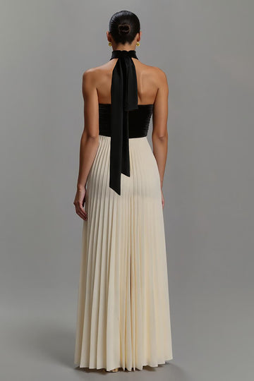 Black and Ivory A Line Chiffon Pleated Long Formal Dress
